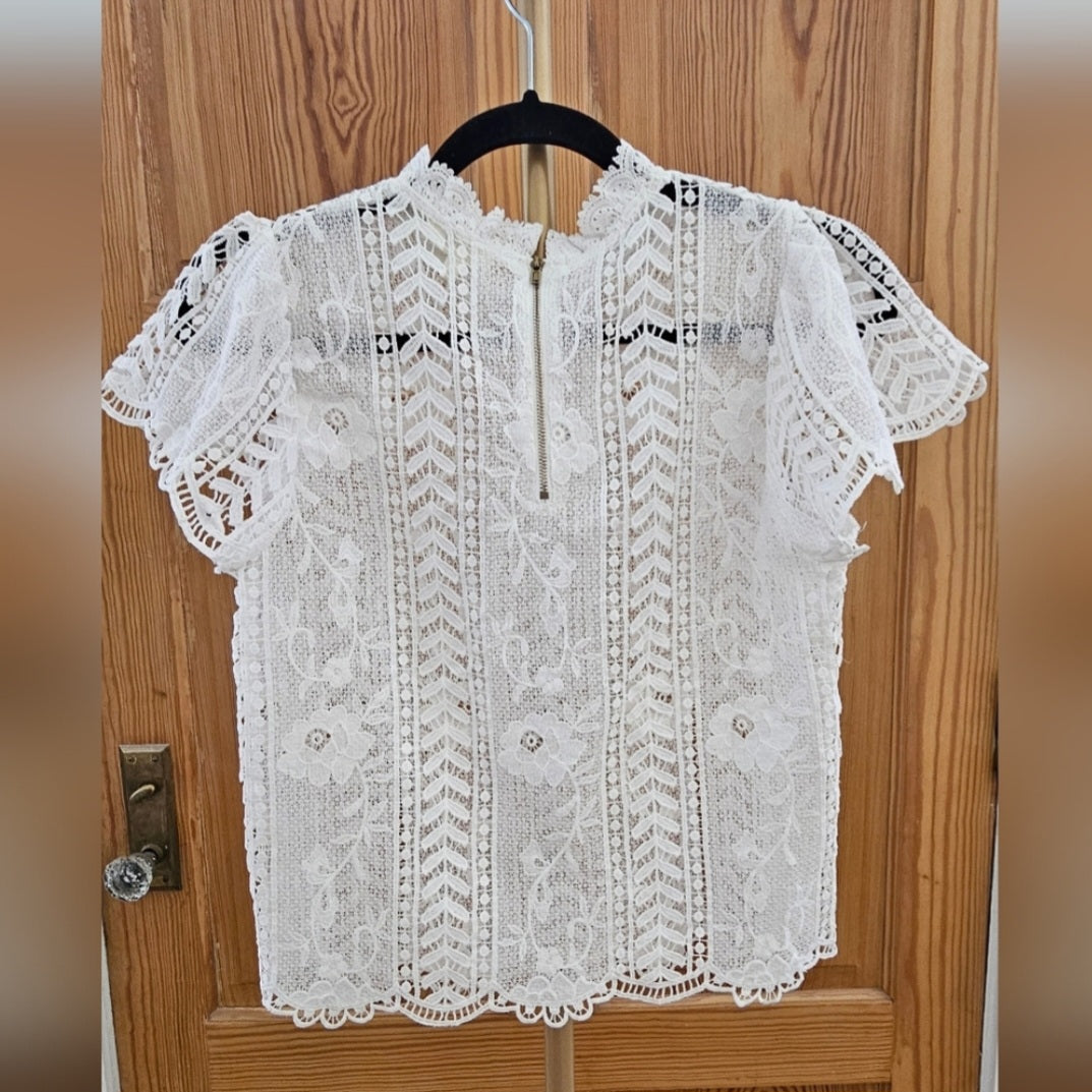 LoveJ Lace See Through Flutter Sleeve Top with Zipper Back Size Small