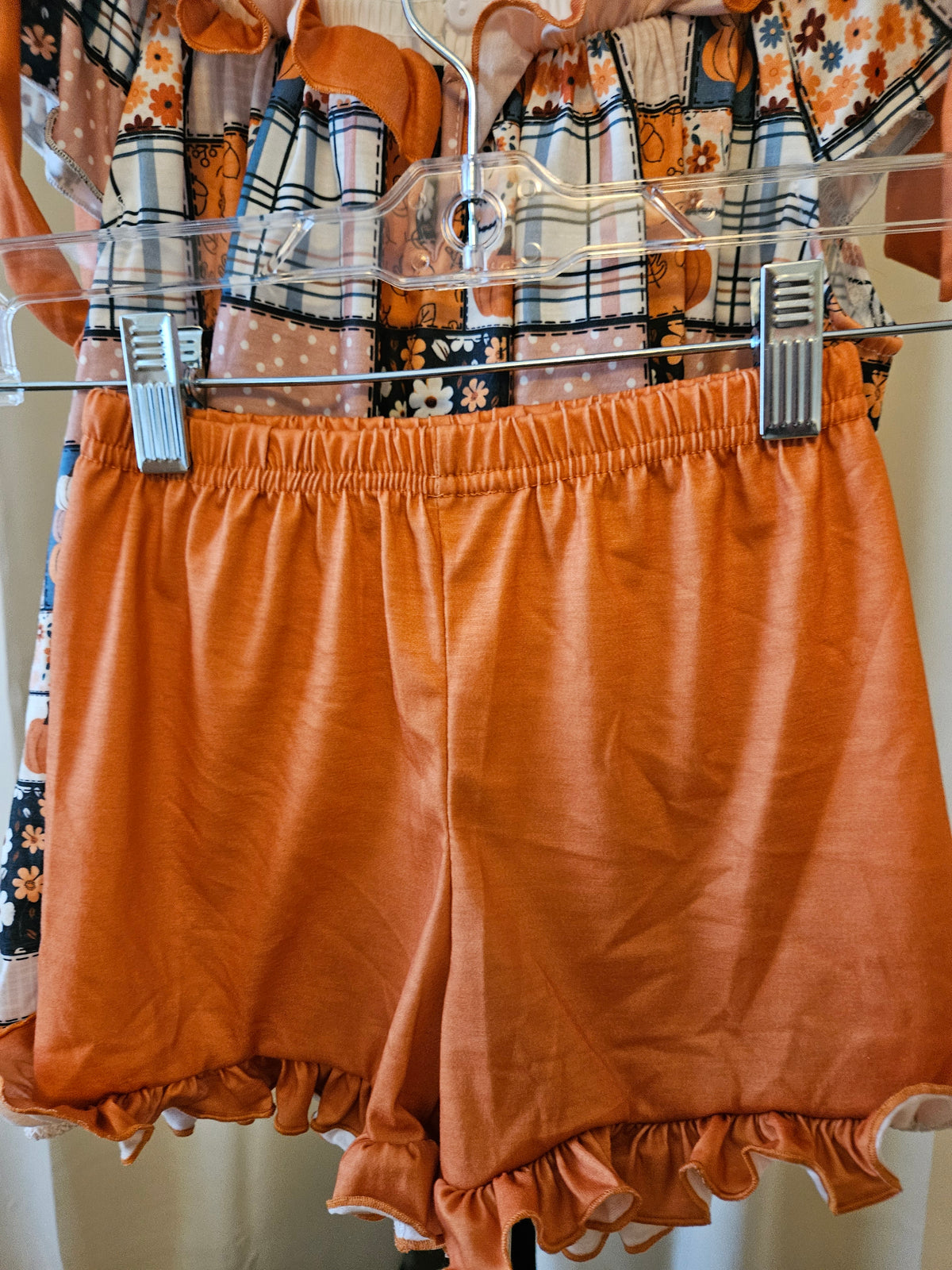Custom Made Pumpkin Patchwork Print Flutter Sleeve Short Set Size 5T