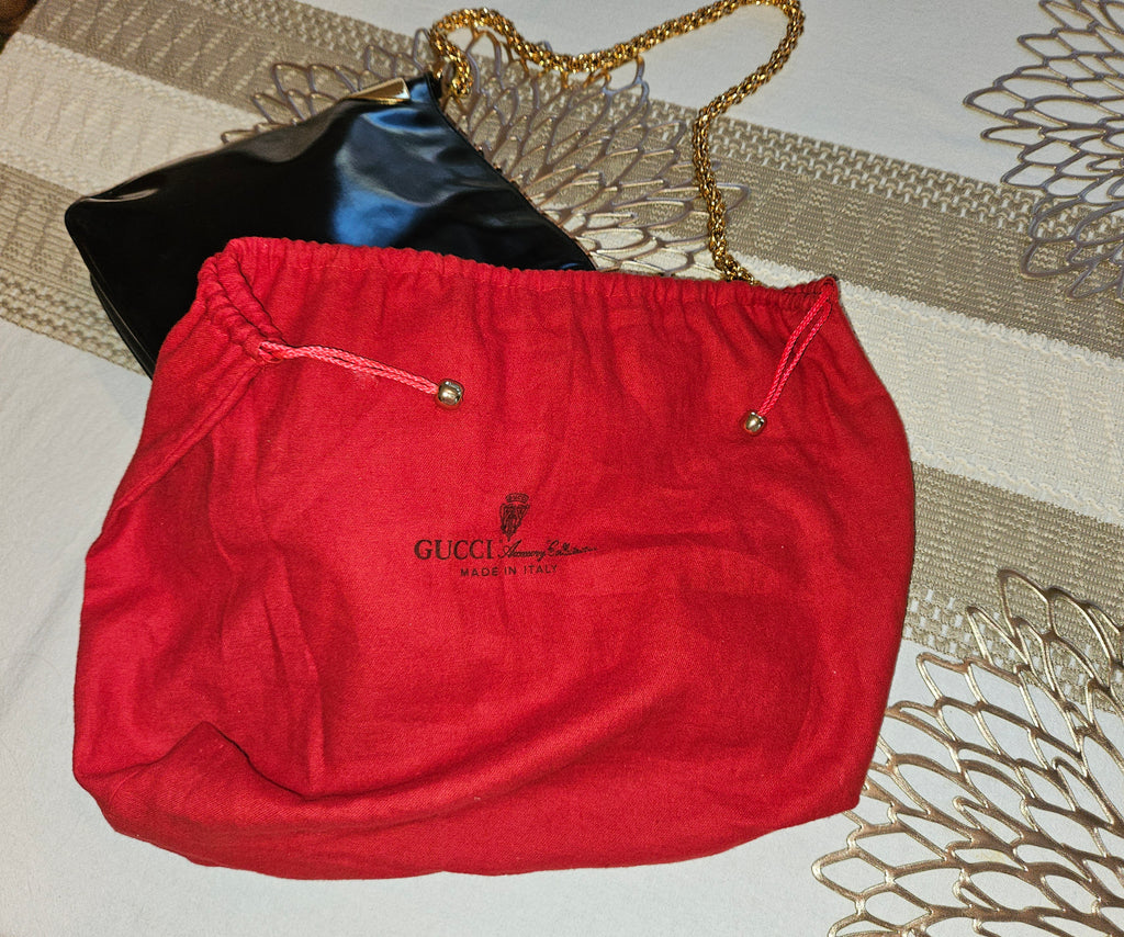 Preloved Vintage Authentic GUCCI 1970's Blk Patent & Gold handbag