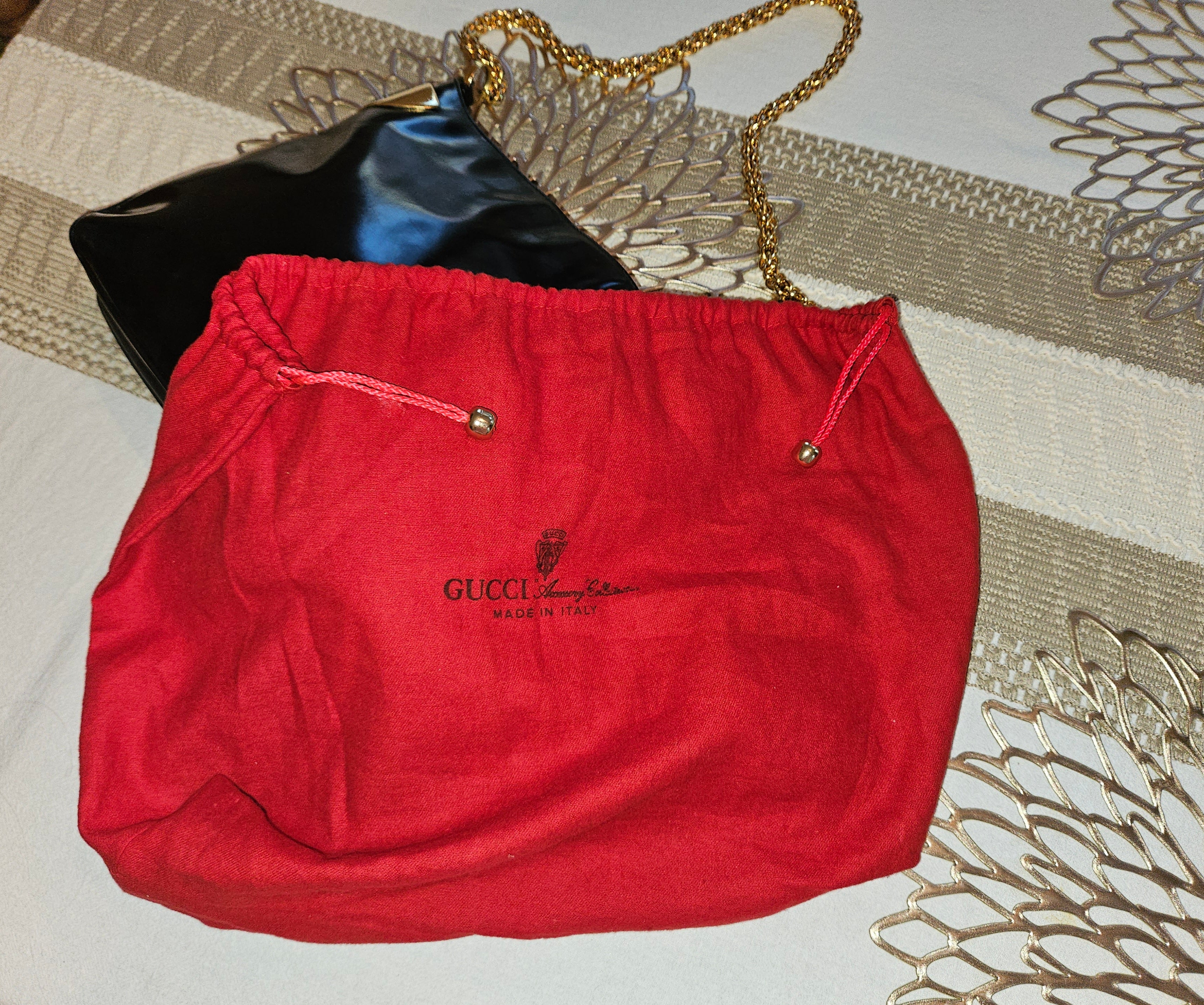 Preloved Vintage Authentic GUCCI 1970's Blk Patent & Gold handbag