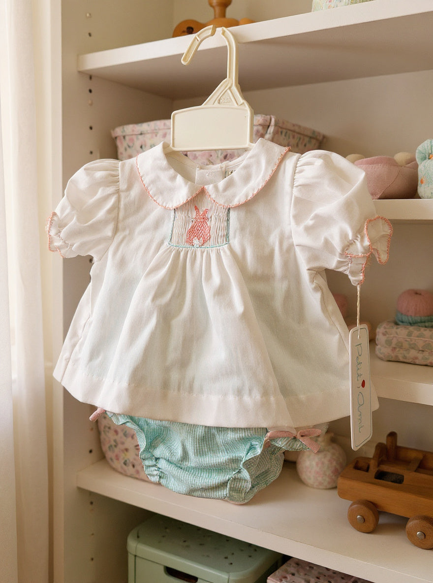 Petit Ami White and Pink Bunny Embroidered Set With Bonnett