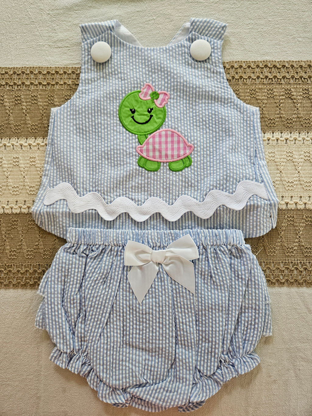Lil Cactus Blue & White Seersucker Turtle Appliqué 2-Piece Set | Size 6-12M