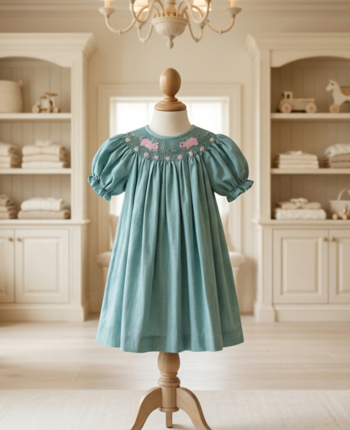 Ragsland Green & White Micro Check Bishop Smocked Dress | Girls Size 4 | Vintage 2003