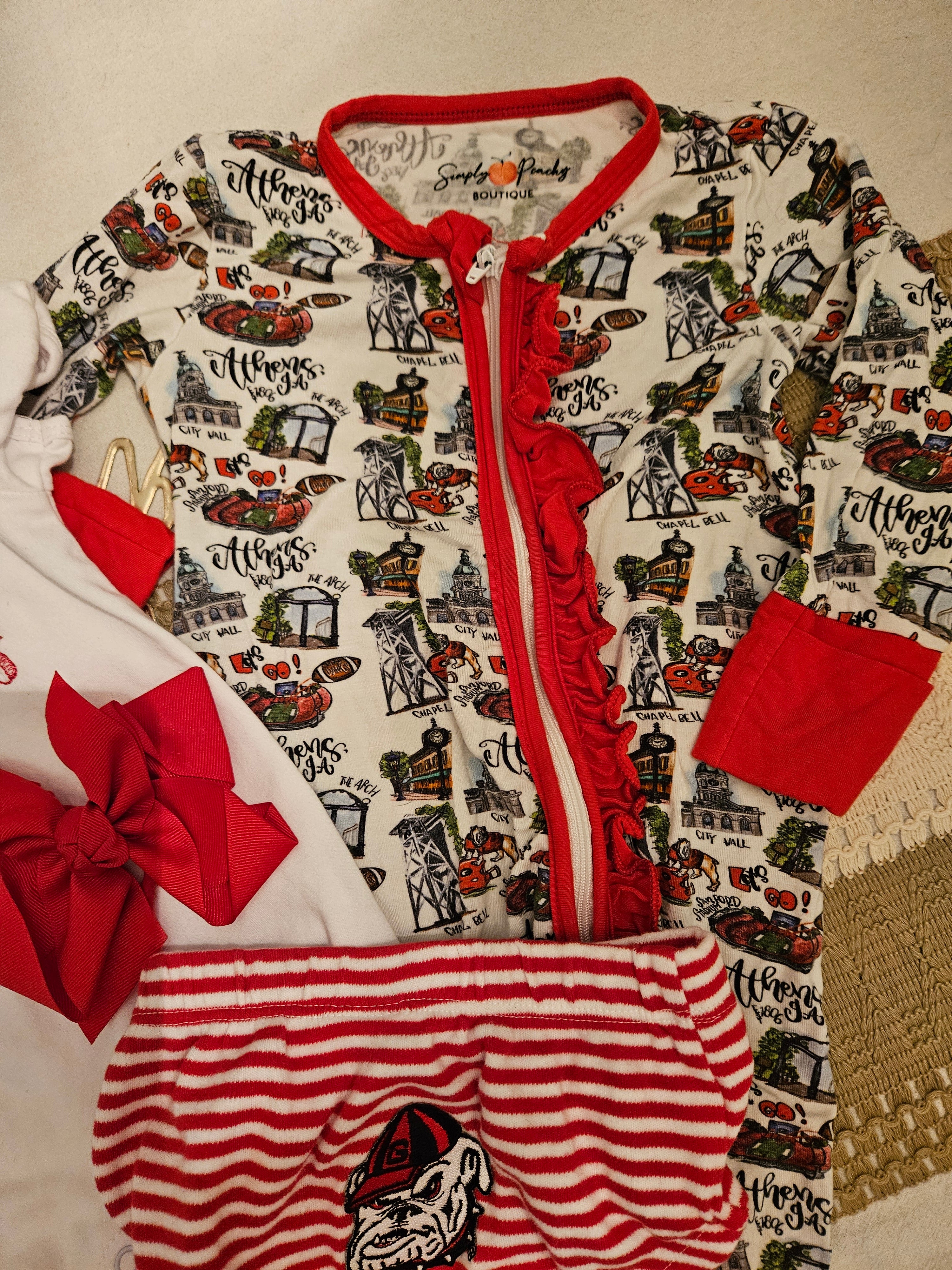 GA Bulldog Bundle. Bubble, Sleeper, Bloomers And Bow Sz 6-12M