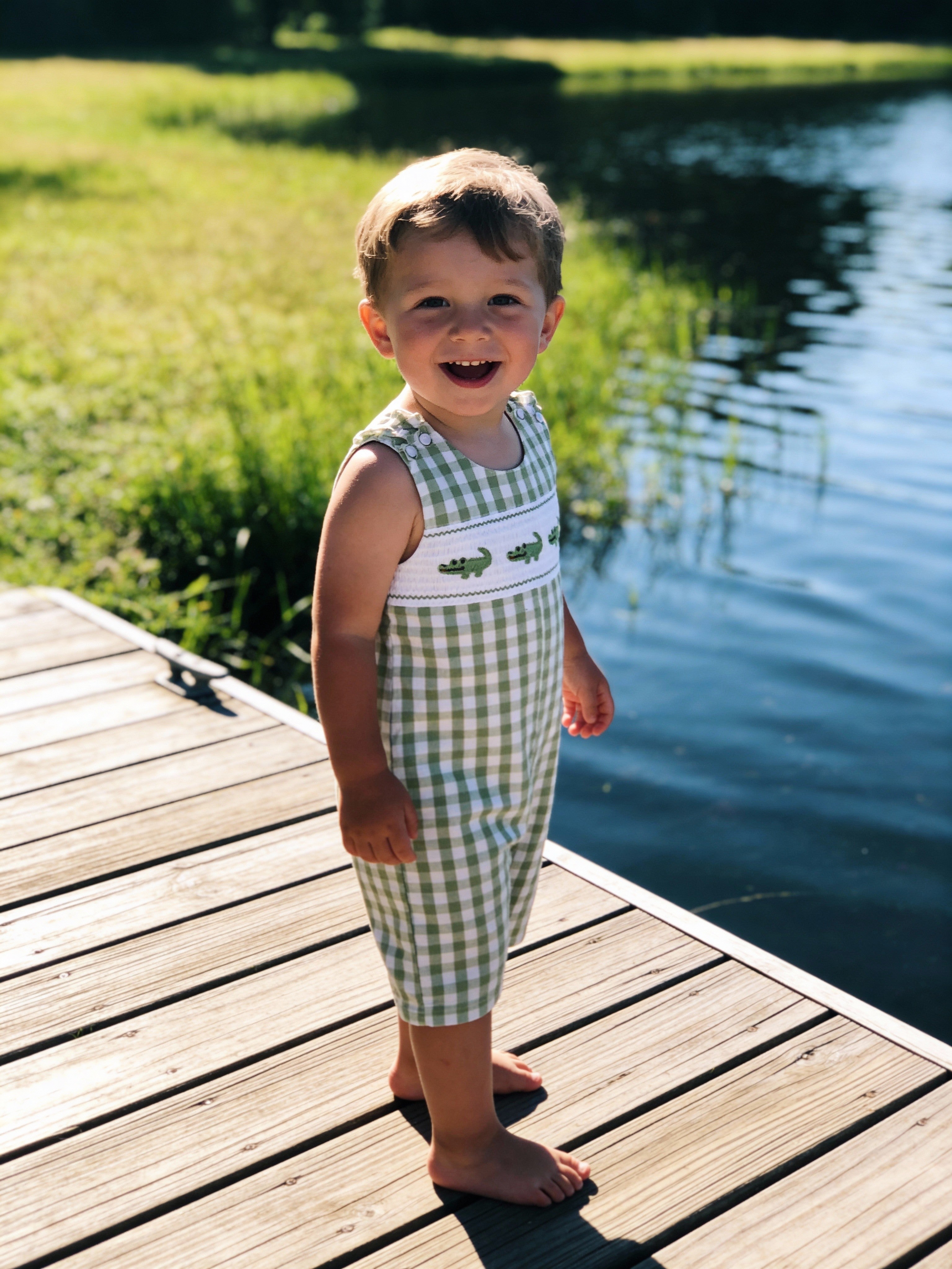 Lil' Cactus Light Green Alligator Smocked Overalls Sz 18-24M