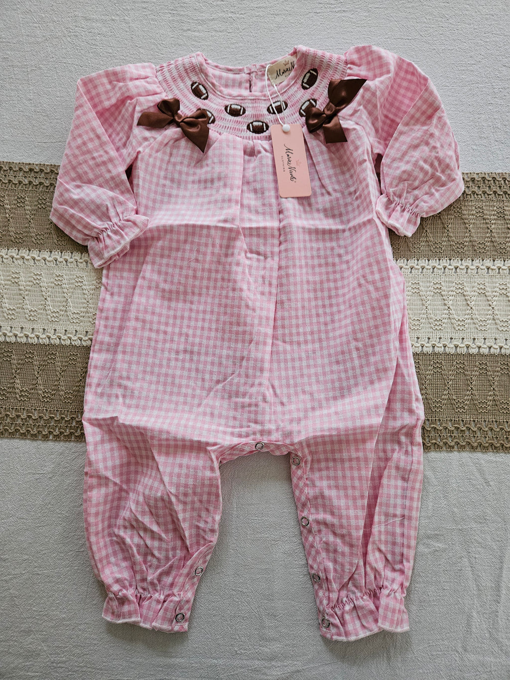 Marie Nicole Game Day Gingham Smocked Embroidered Romper Sz 6-12M