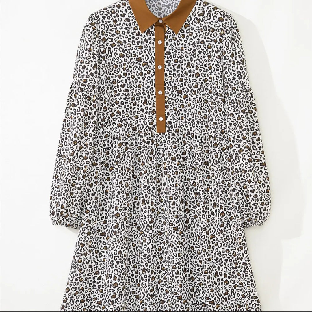 Lovesoft Khaki Button Vneck Leopard Print Puff Sleeve Loose Mini Dress Sz 1X