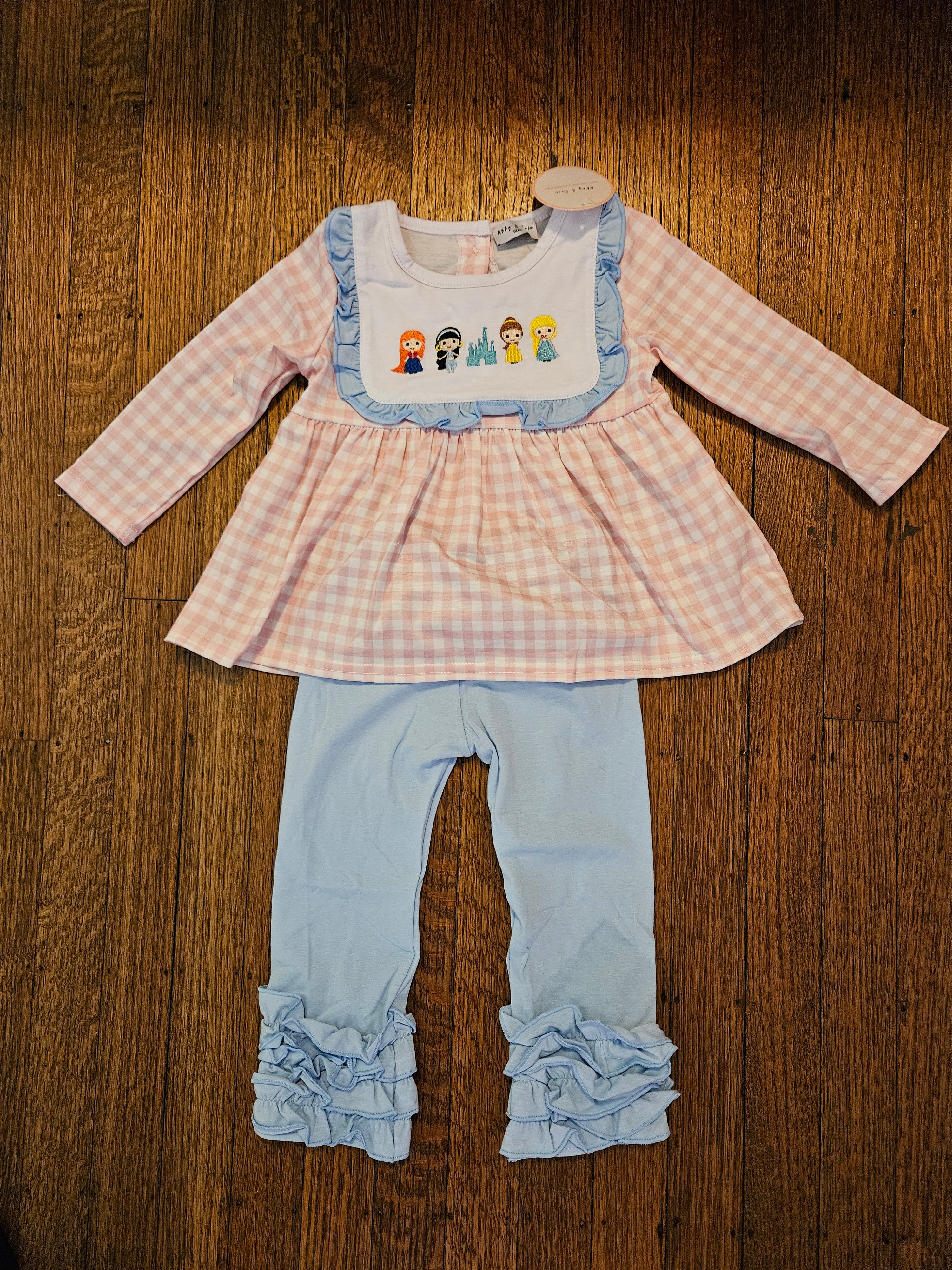 Abby & Evie Disney Pink and Blue Princess Embroidery W/ Ruffle Pants Sz 12M