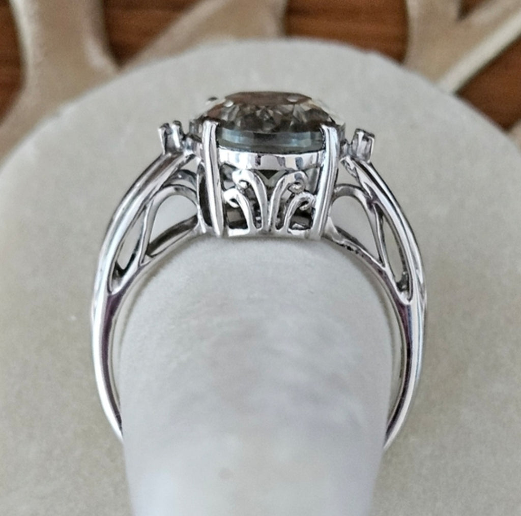 Green Amethyst & Diamond Ring Set In Platinum Over 925 Sterling Sz 8
