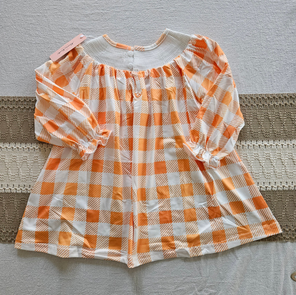 Marie Nicole Orange Checkered Kids Smocked Farm Dress Sz 12-18M