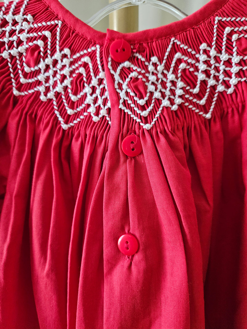 Love Me Red Smocked Bishop Dress with Pearls | Long Puff Sleeves |