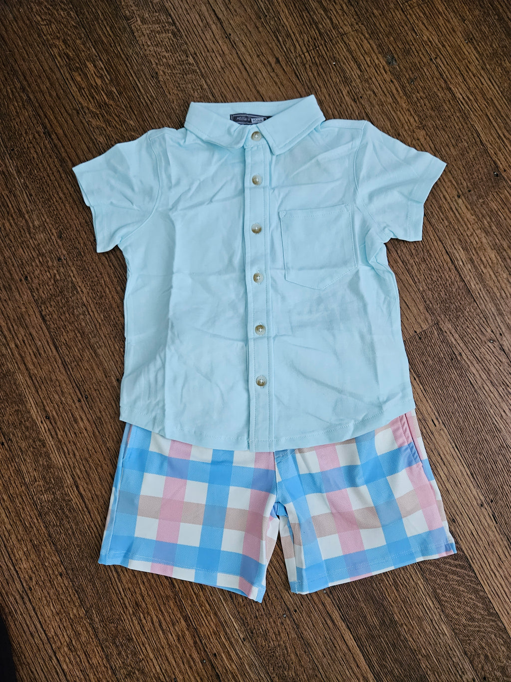 Millie Loves Lily Baby Blue Collared Shirt & Pastel Plaid Shorts Set | Sizes 3 & 5