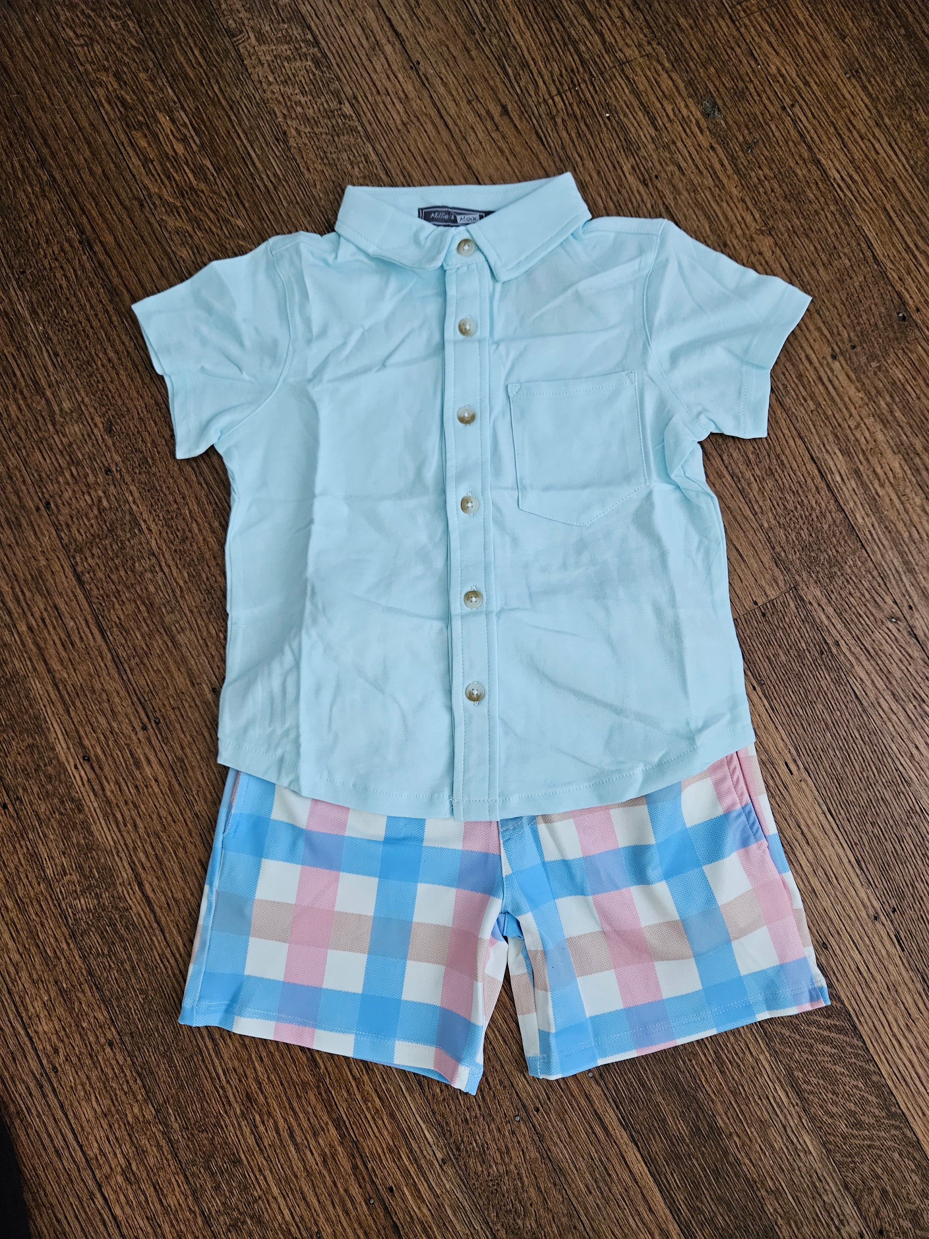 Millie Loves Lily Baby Blue Collared Shirt & Pastel Plaid Shorts Set | Sizes 3 & 5
