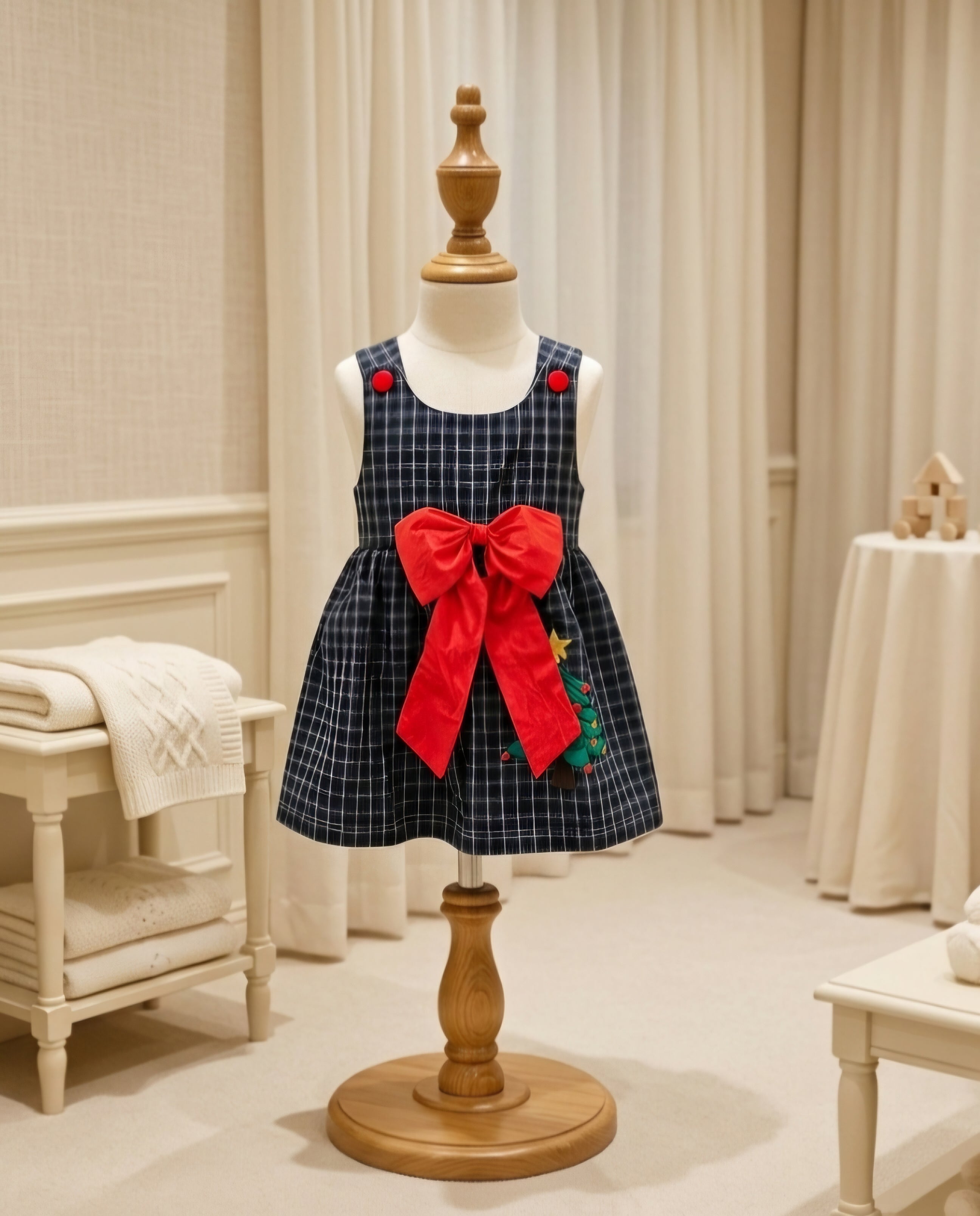 Lil Cactus Christmas Tree Appliqué Plaid Dress with Red Bow