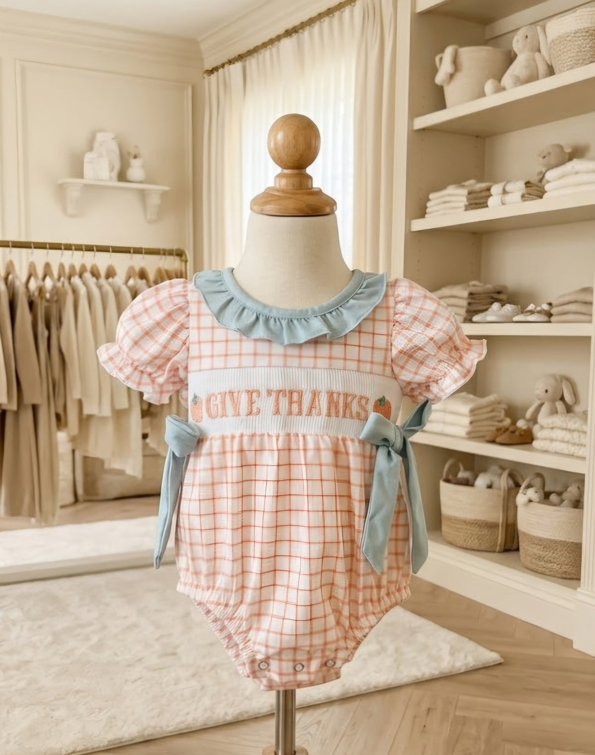 Custom Made Orange & White Plaid Smocked Pumpkin Bubble
