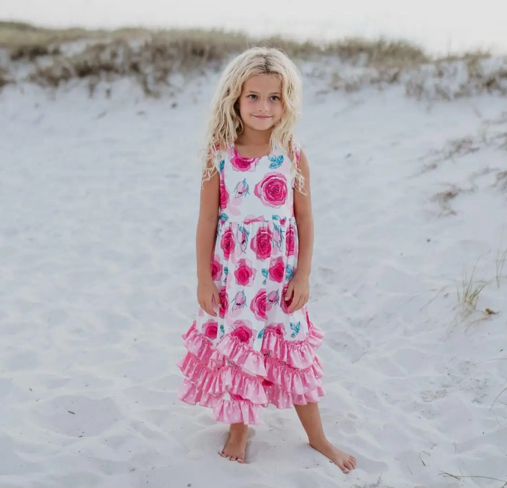 Adorable Sweetness Pink Rose 3 Ruffle Twirl Dress