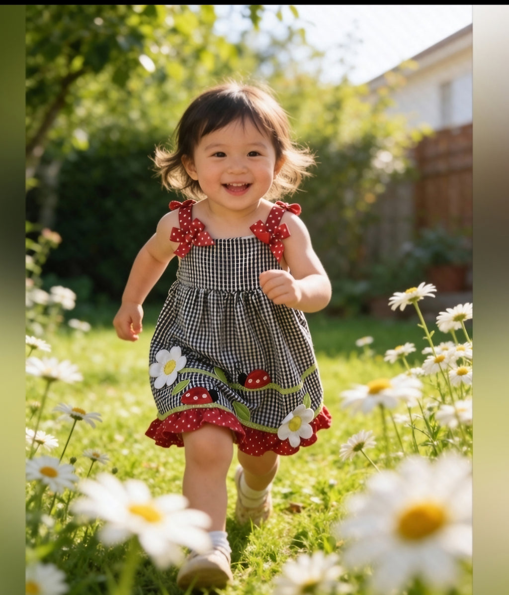 Rare Additions Gingham Dress with Ladybug and Daisy Design Sz 18M