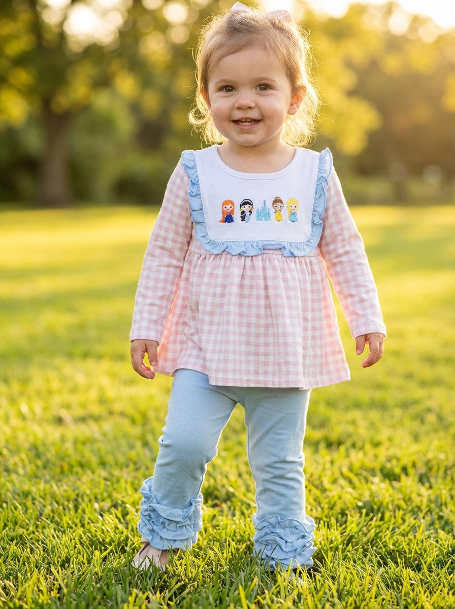 Abby & Evie Disney Pink and Blue Princess Embroidery W/ Ruffle Pants Sz 12M