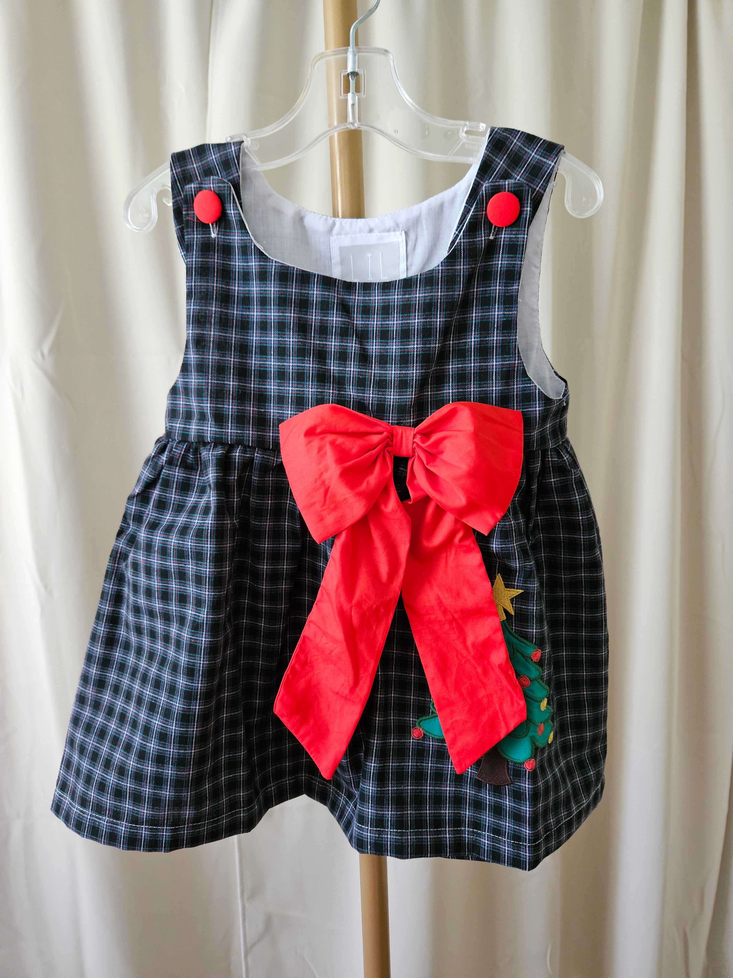 Lil Cactus Christmas Tree Appliqué Plaid Dress with Red Bow