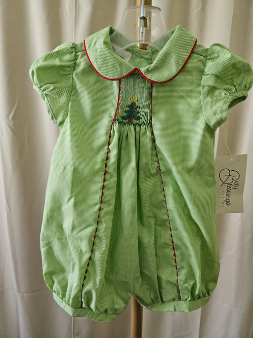 Baby Blessings Green & White Microcheck Smocked Christmas Tree Bubble