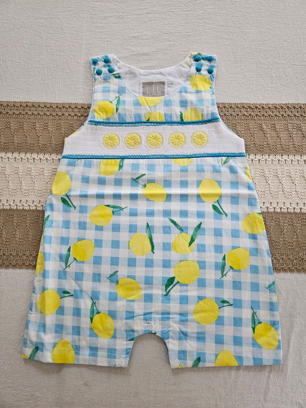 Lil Cactus Blue & White Gingham Lemon Smocked Jon Jon | Size 3T