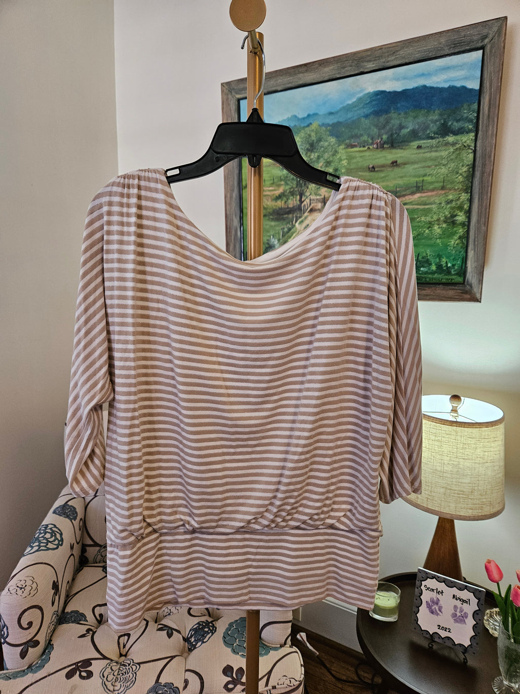 White House Black Market Striped Cream, White And Silver Blouse Sz Lg