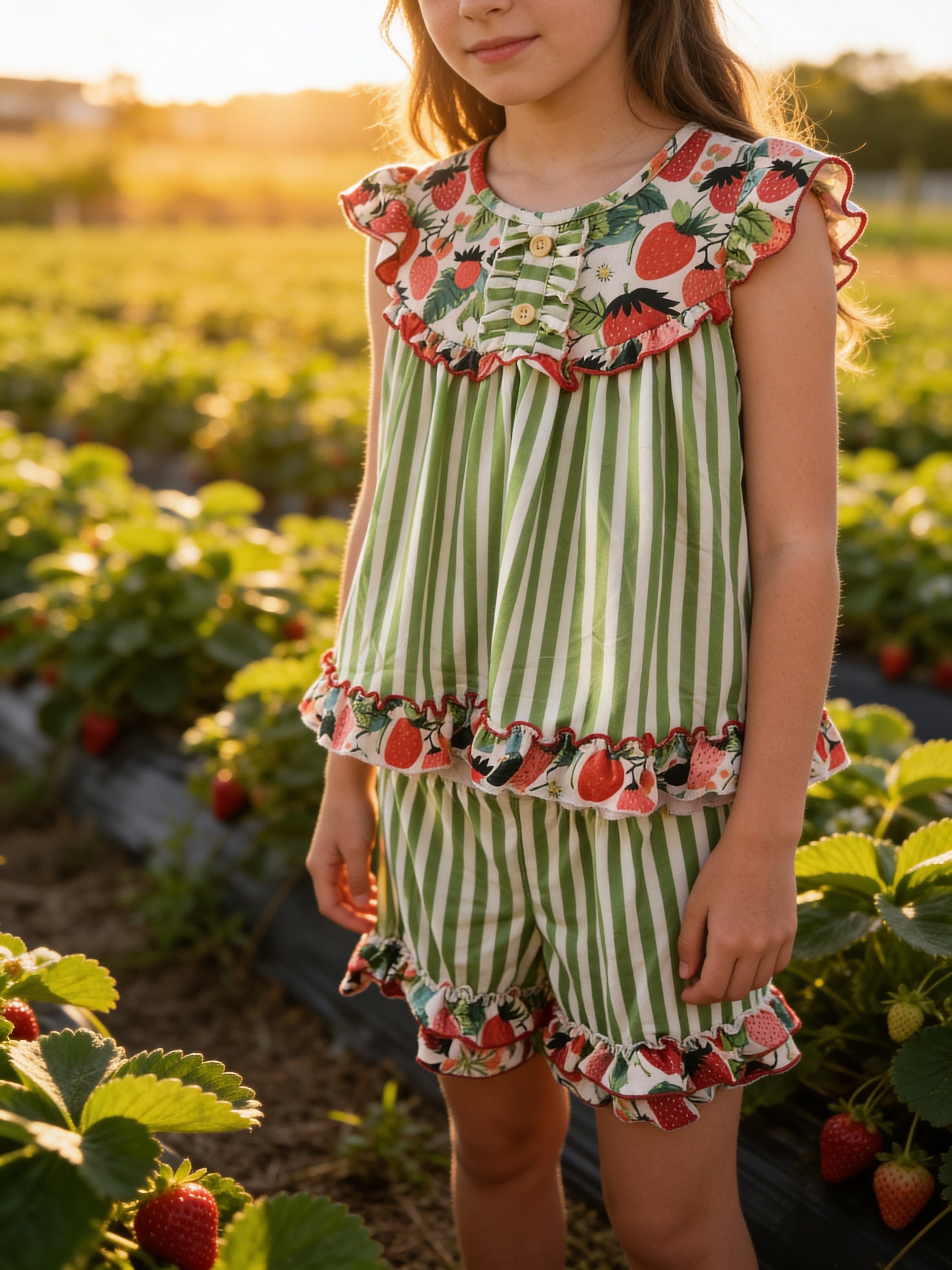 Oopsie Dasiy Lime Strawberry Stripe Ruffle Shorts Set