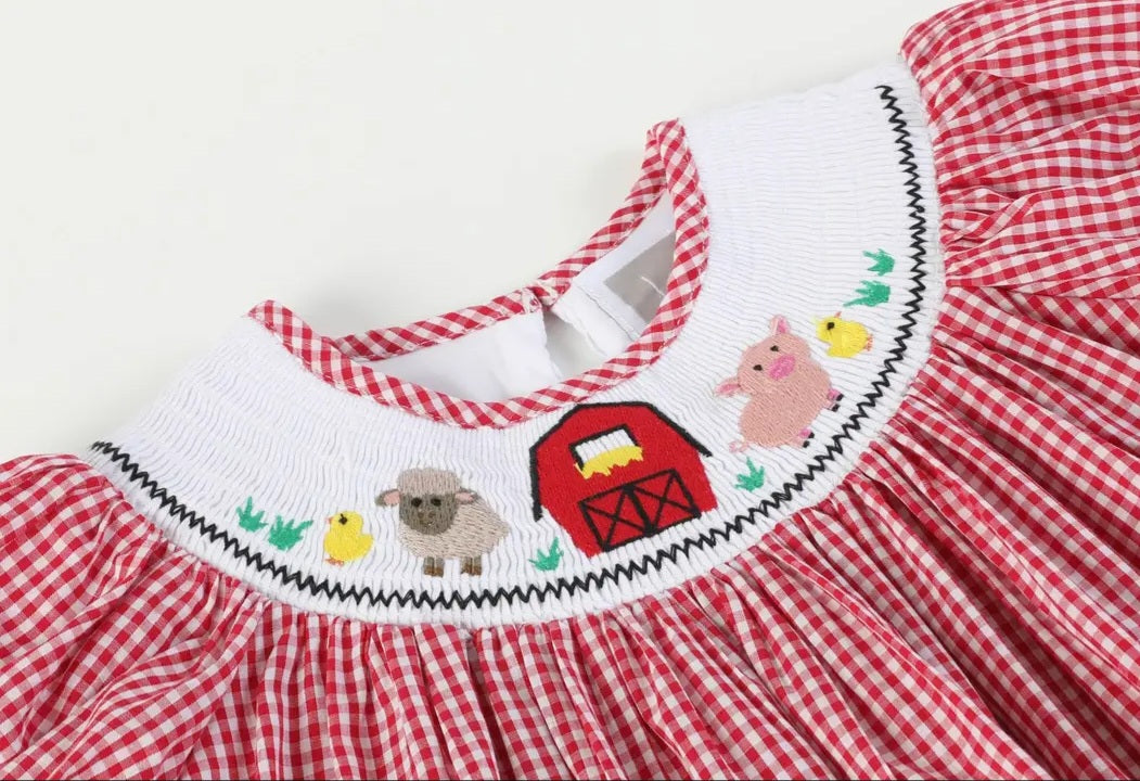 Lil' Cactus Red Gingham Barn Animals Smocked Bishop Dress Sz 3T