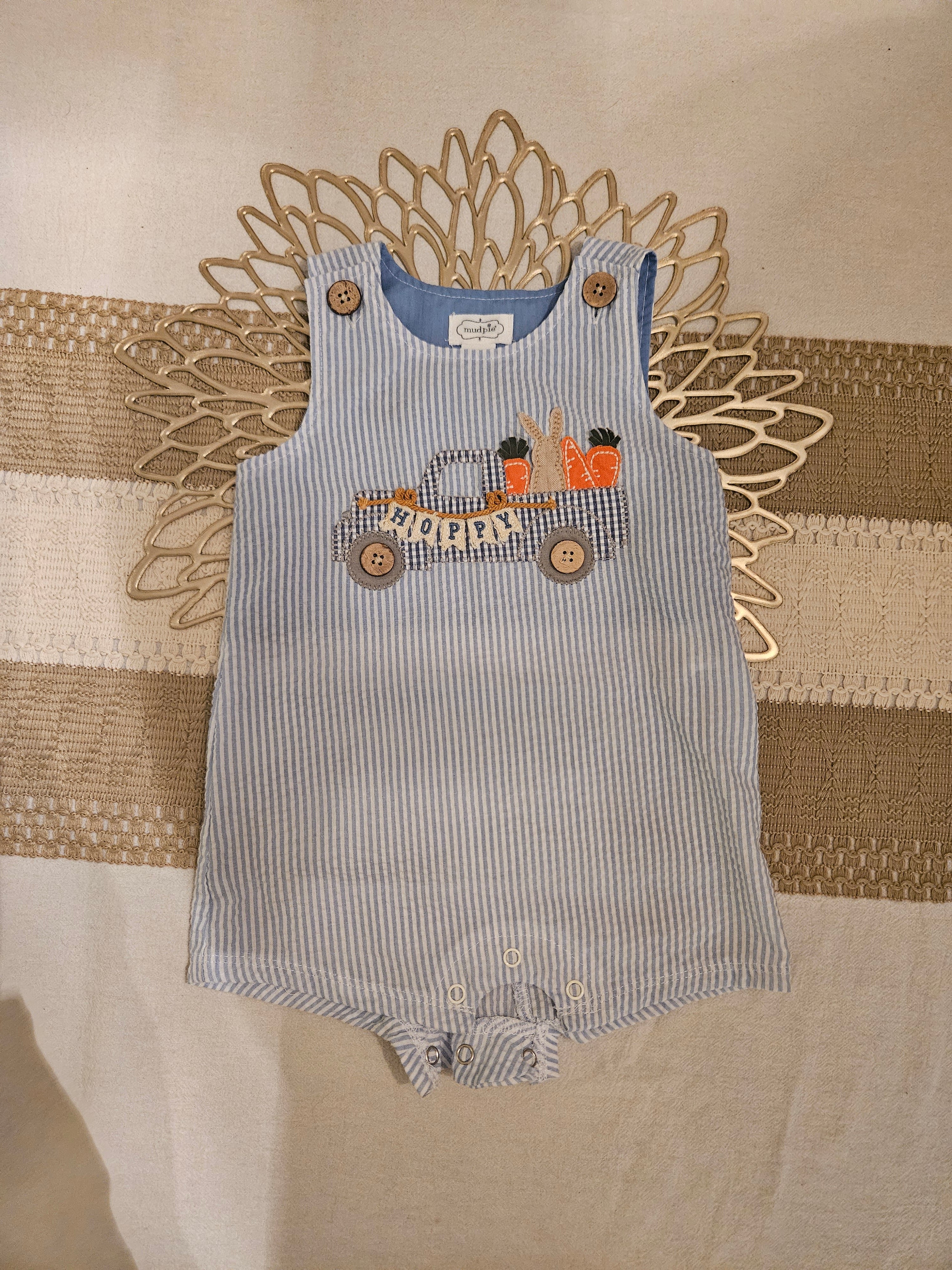 Mud Pie Blue and White Bunny Striped Romper Sz 6-9M