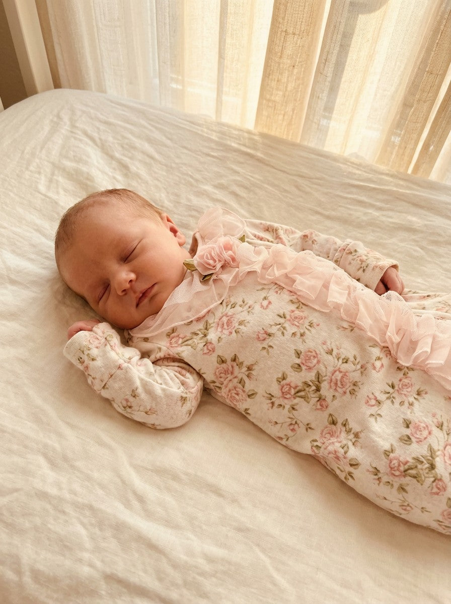 Edgehill Collection Floral Baby Gown  with Ruffle Detail Sz 0-6M