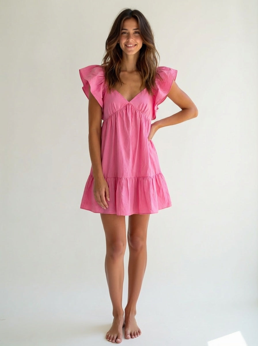 Day & Moon Pink Flutter Sleeve Mini Dress Sz M