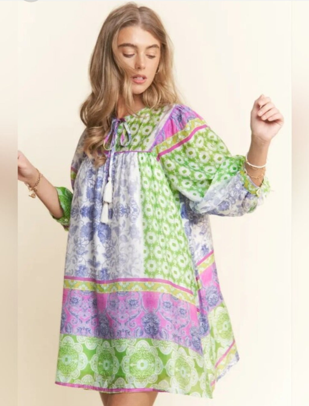 J.NNA Multi-Pattern Tunic Dress with Sheer Sleeves & Pockets |