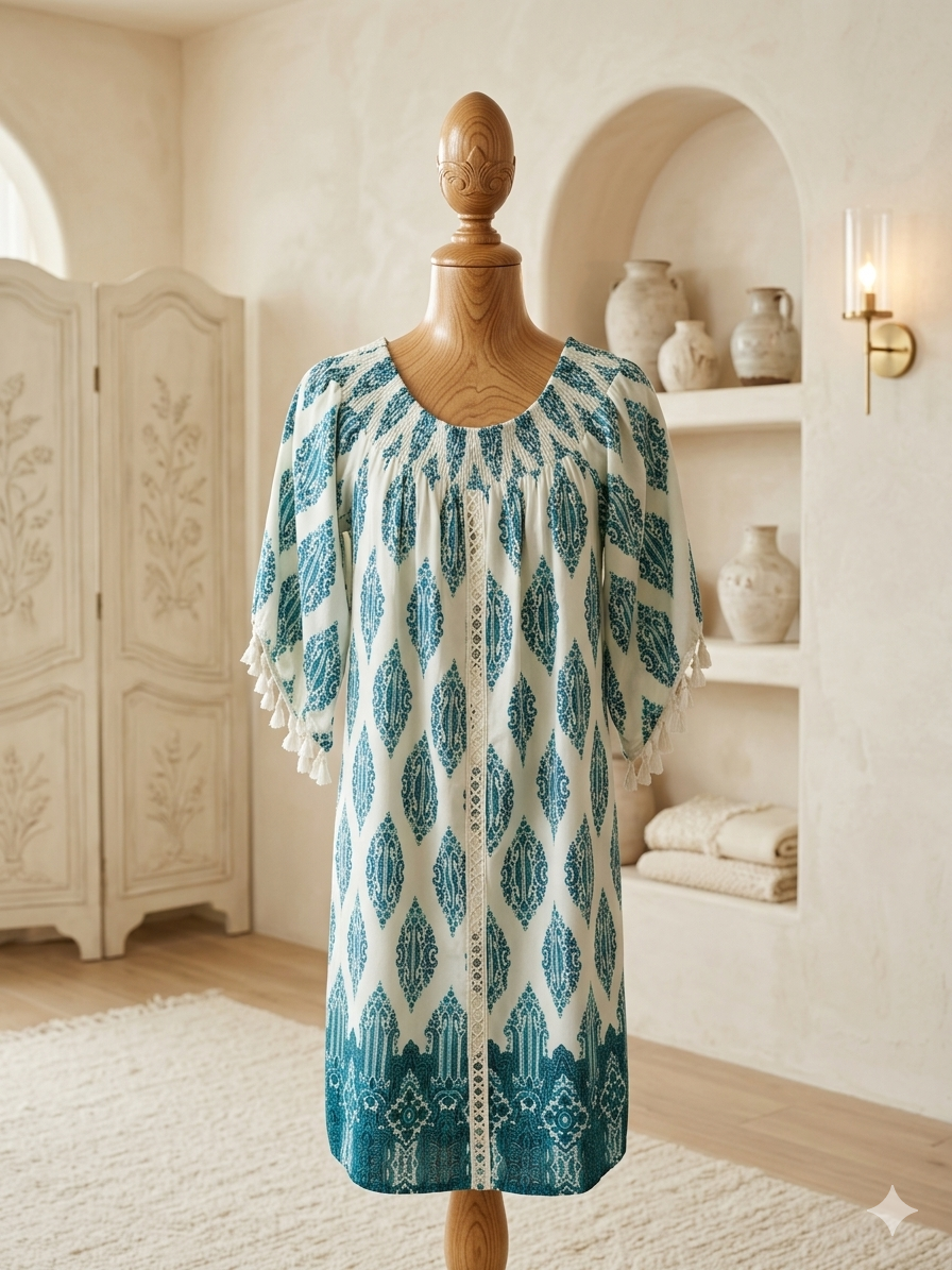 Love Fire Turquoise & Cream Boho Smocked Mini Dress Tassel Sleeves XS