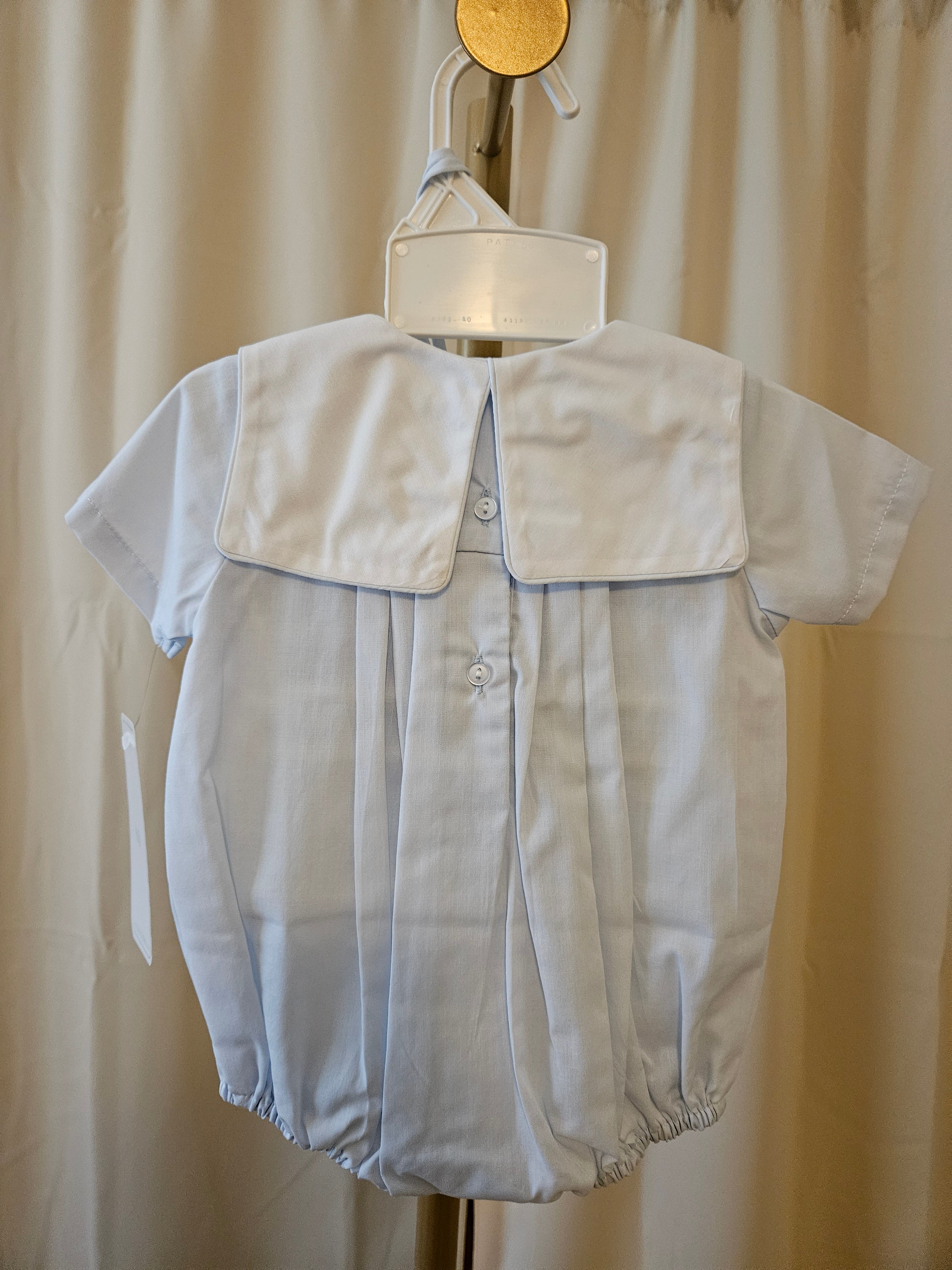 Heirloom Blue & White Train Embroidered Bubble – Petit Ami NB/3M 💙
