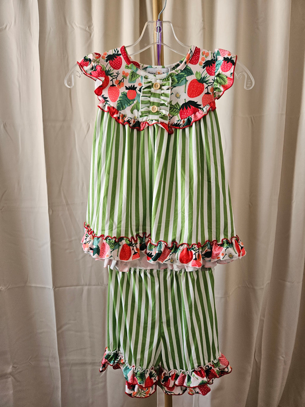 Oopsie Dasiy Lime Strawberry Stripe Ruffle Shorts Set