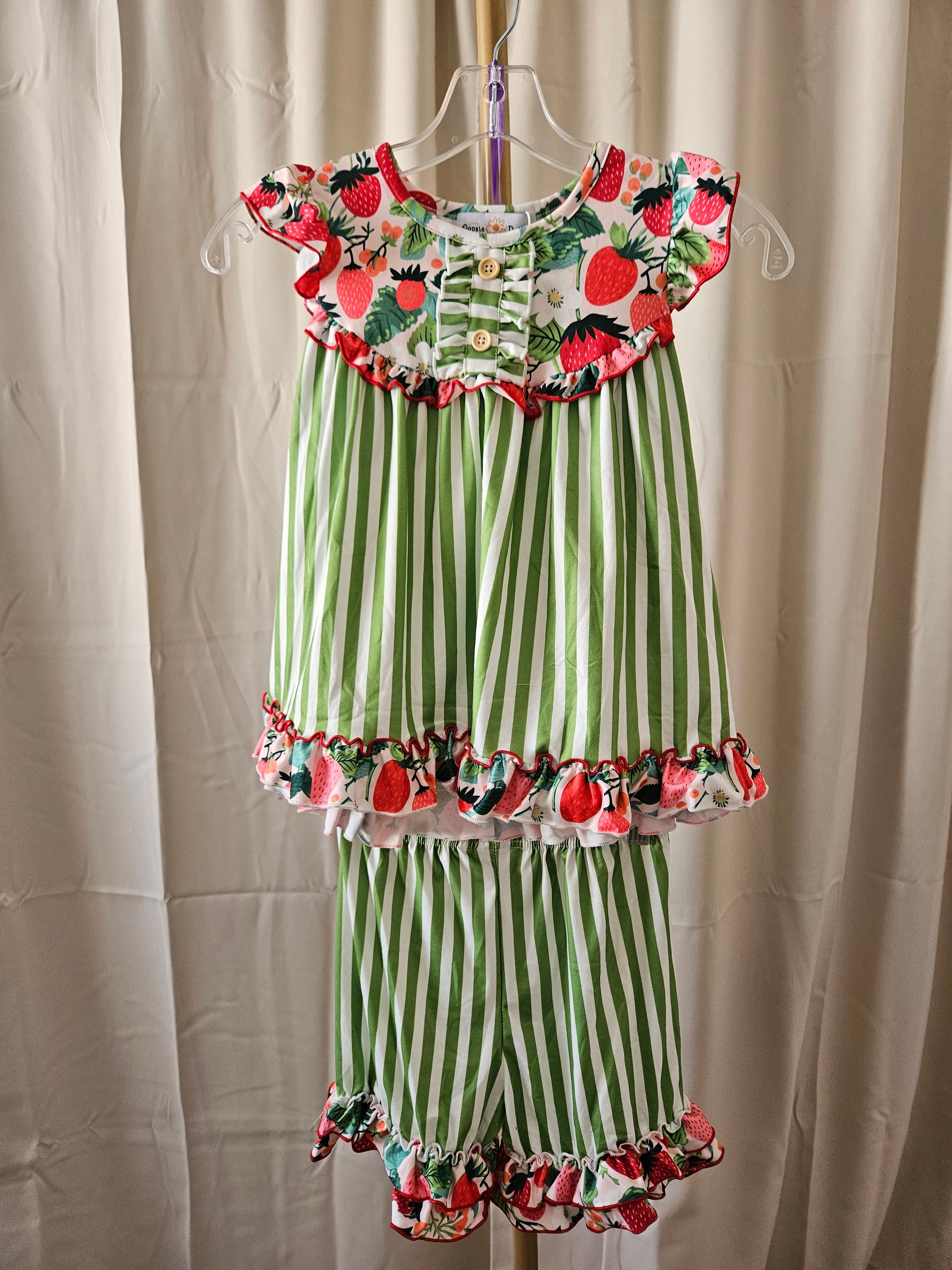Oopsie Dasiy Lime Strawberry Stripe Ruffle Shorts Set