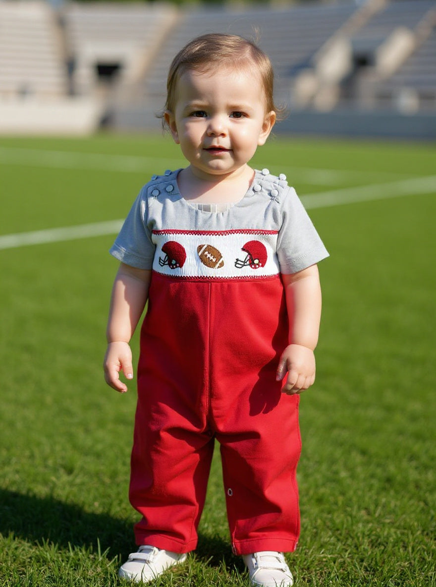 Lil' Cactus Red and Gray Football Smocked Overalls Sz 12-18M