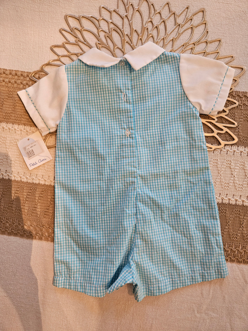 Petit Ami Blue Gingham Tractor Romper Sz 3M