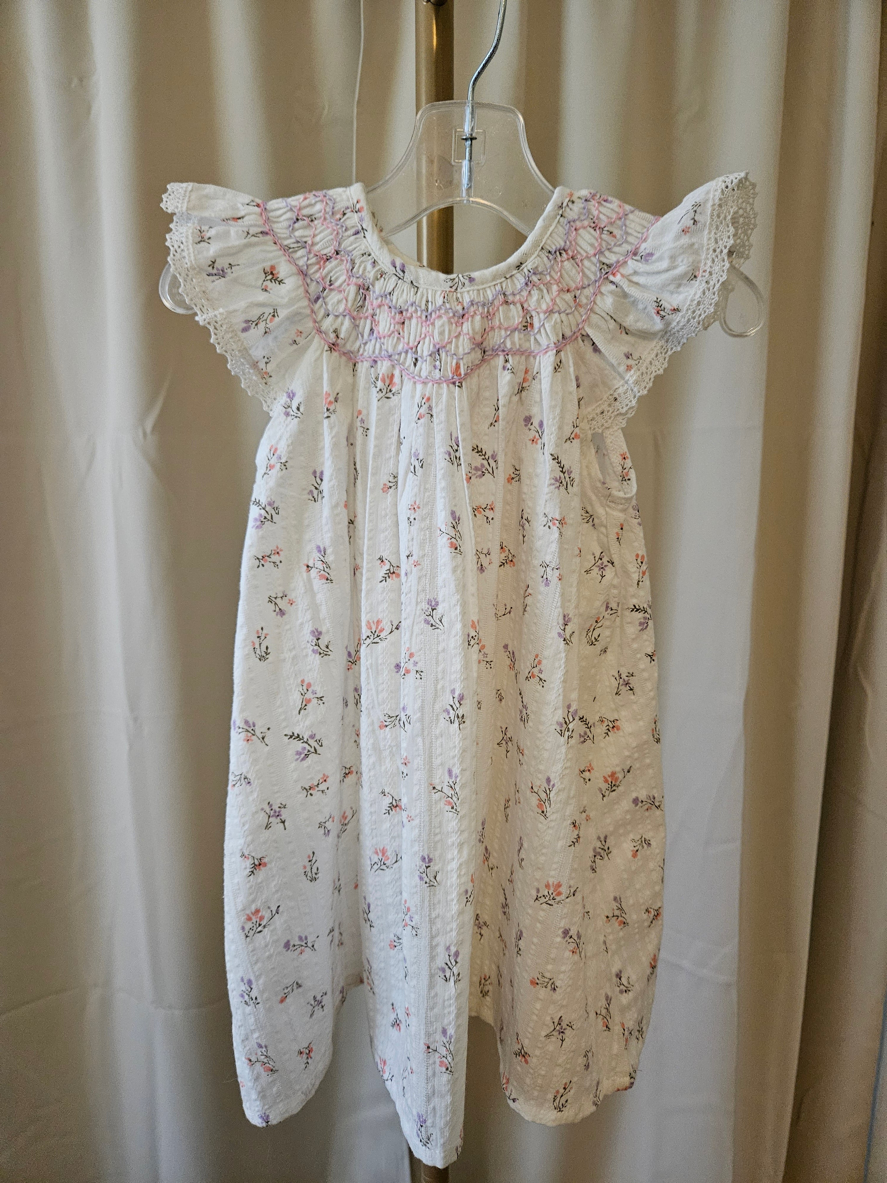 Floral Smocked Flutter Sleeve Dress with Lace Detail 12–18M