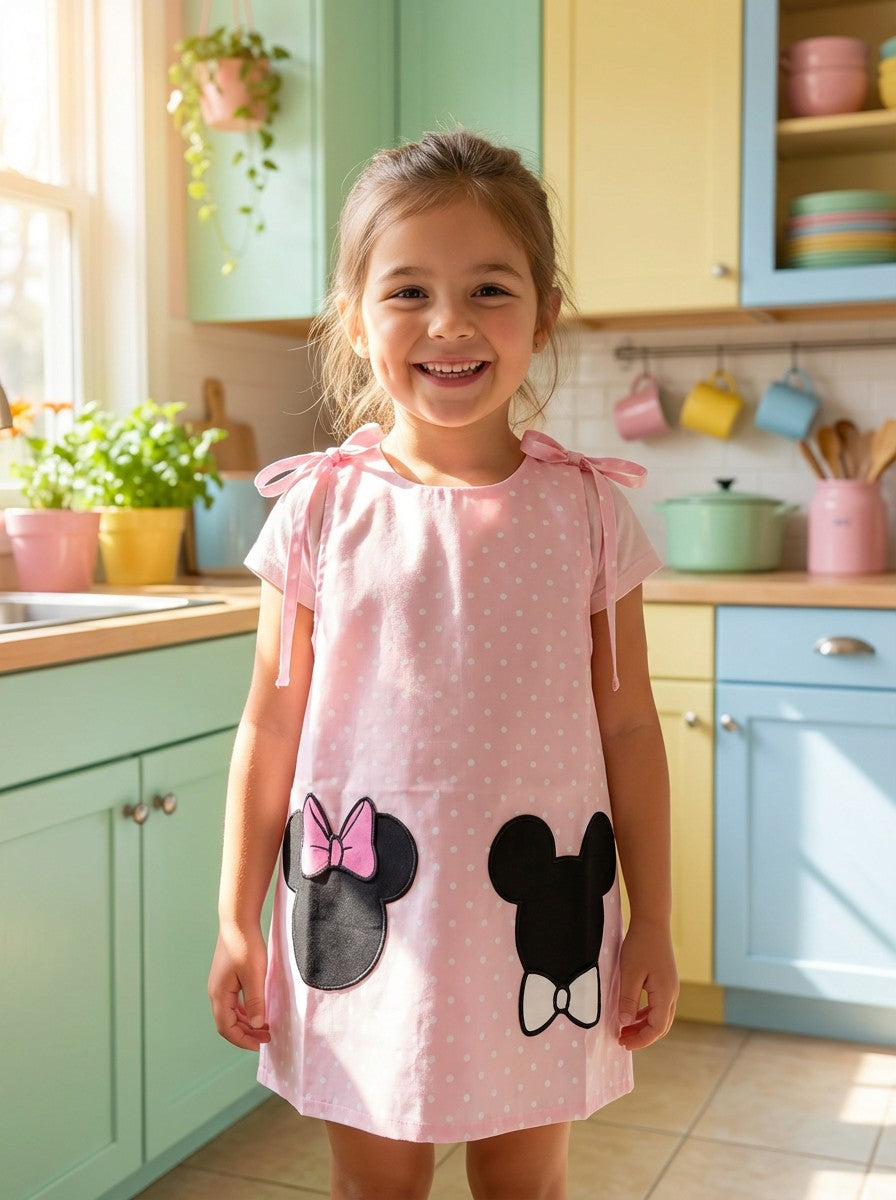 The Yellow Lamb Pink Polka Dot Kids Dress with Mouse Design