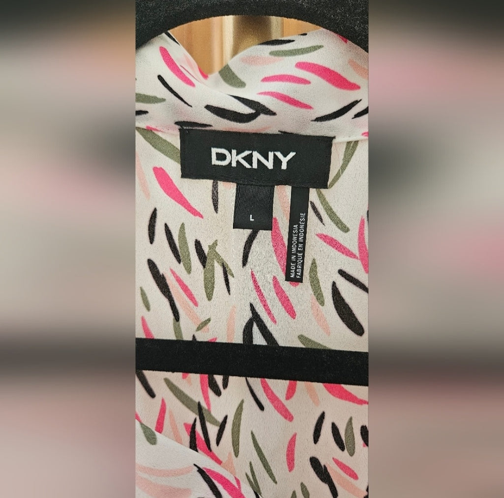 DKNY Abstract Tie Neck Cap Sleeve Blouse Size Large