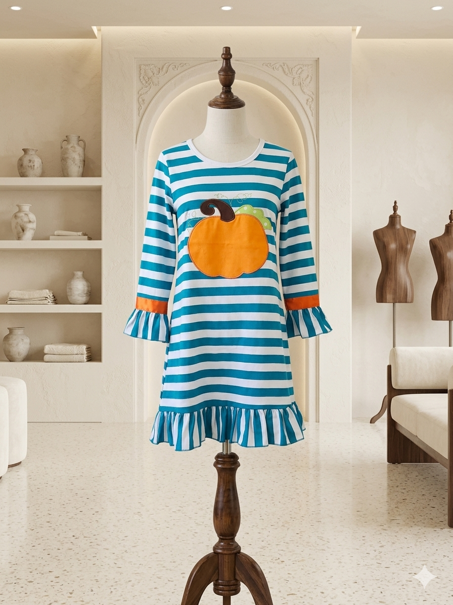 Amor Babee Pumpkin Appliqué Dress Turquoise Stripe Ruffle Sz XL (5-6)