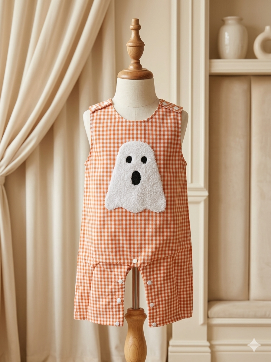 Unishe Orange Gingham Ghost Appliqué Jon Jon 3D Fuzzy Halloween Bubble 🎃👻