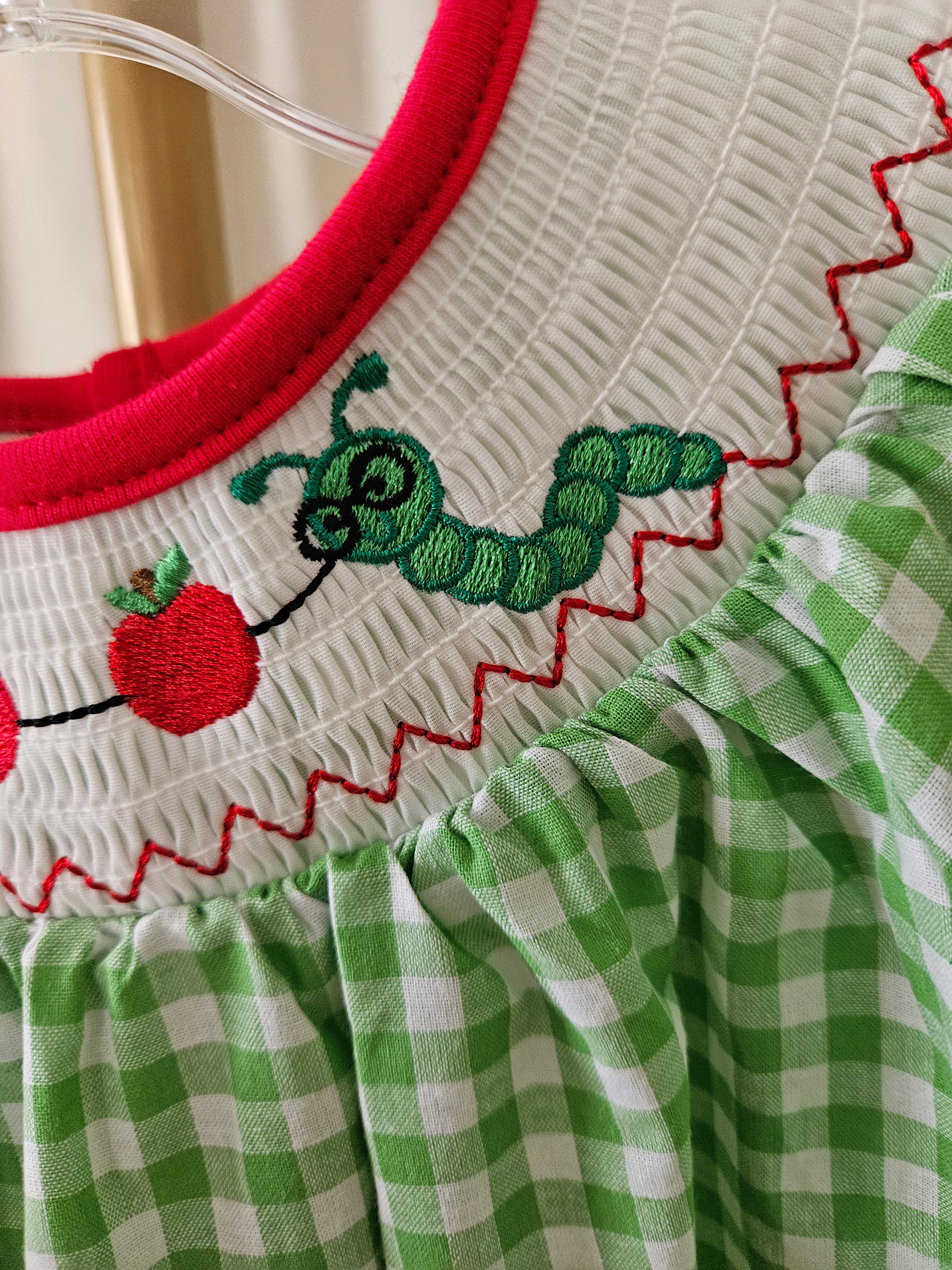 Rylee Faith Designs Smocked Bookworm Bishop Dress Green Gingham Girls