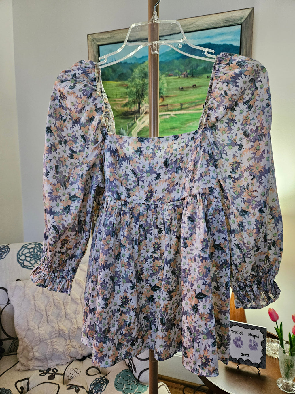 Storia Floral Blouse with Puff Sleeves & Shimmer Accent Sz Sm