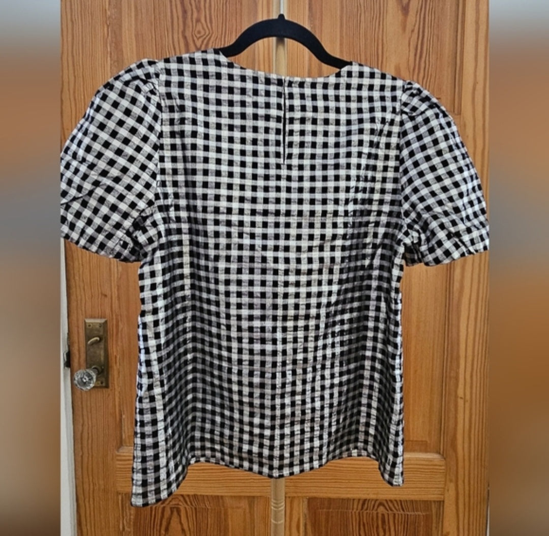 J.Crew Metallic Silver & Blk Gingham Top Size Small