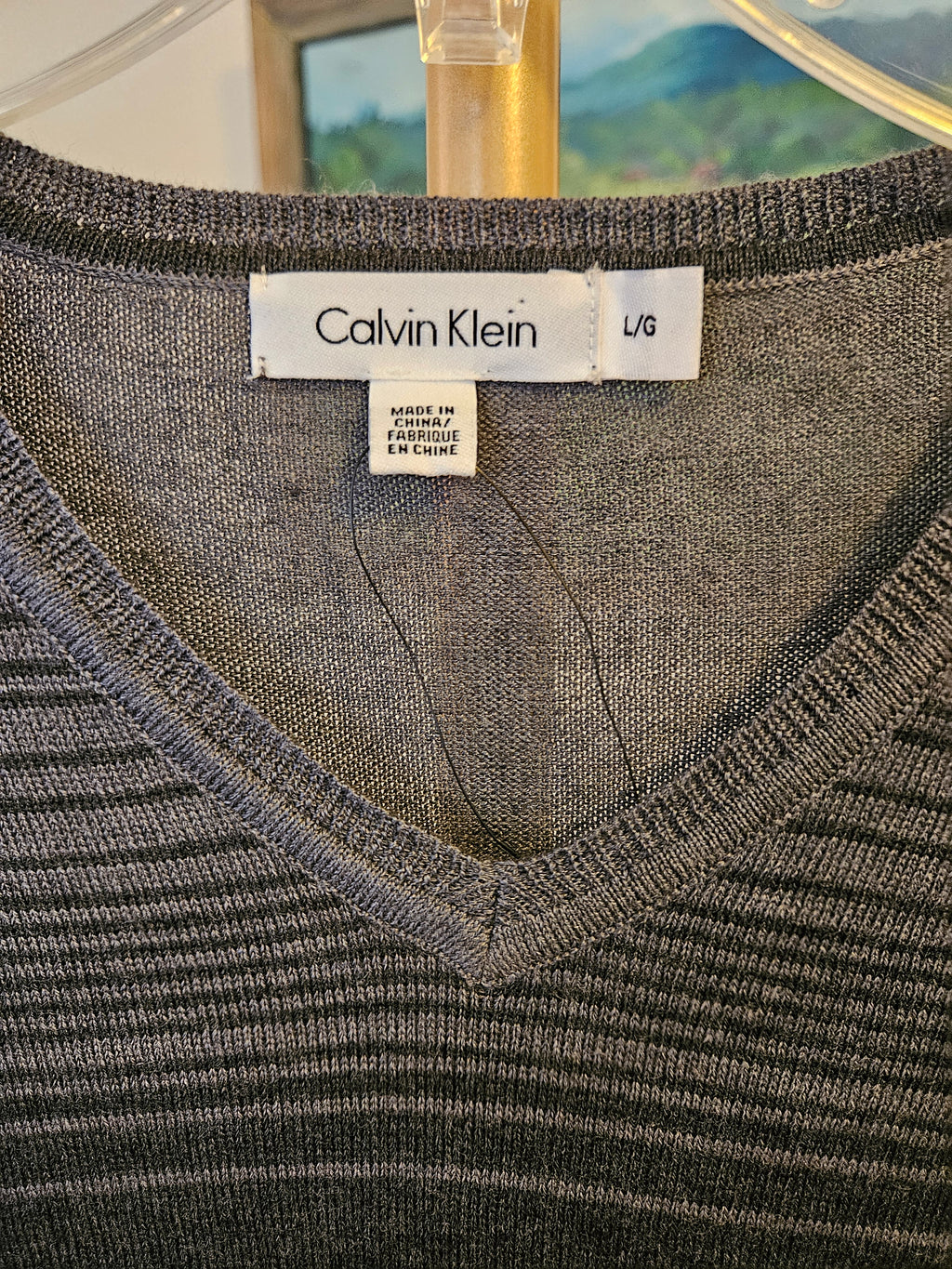 Calvin Klein Charcoal and Black Knit Striped Sweater Sz Lg