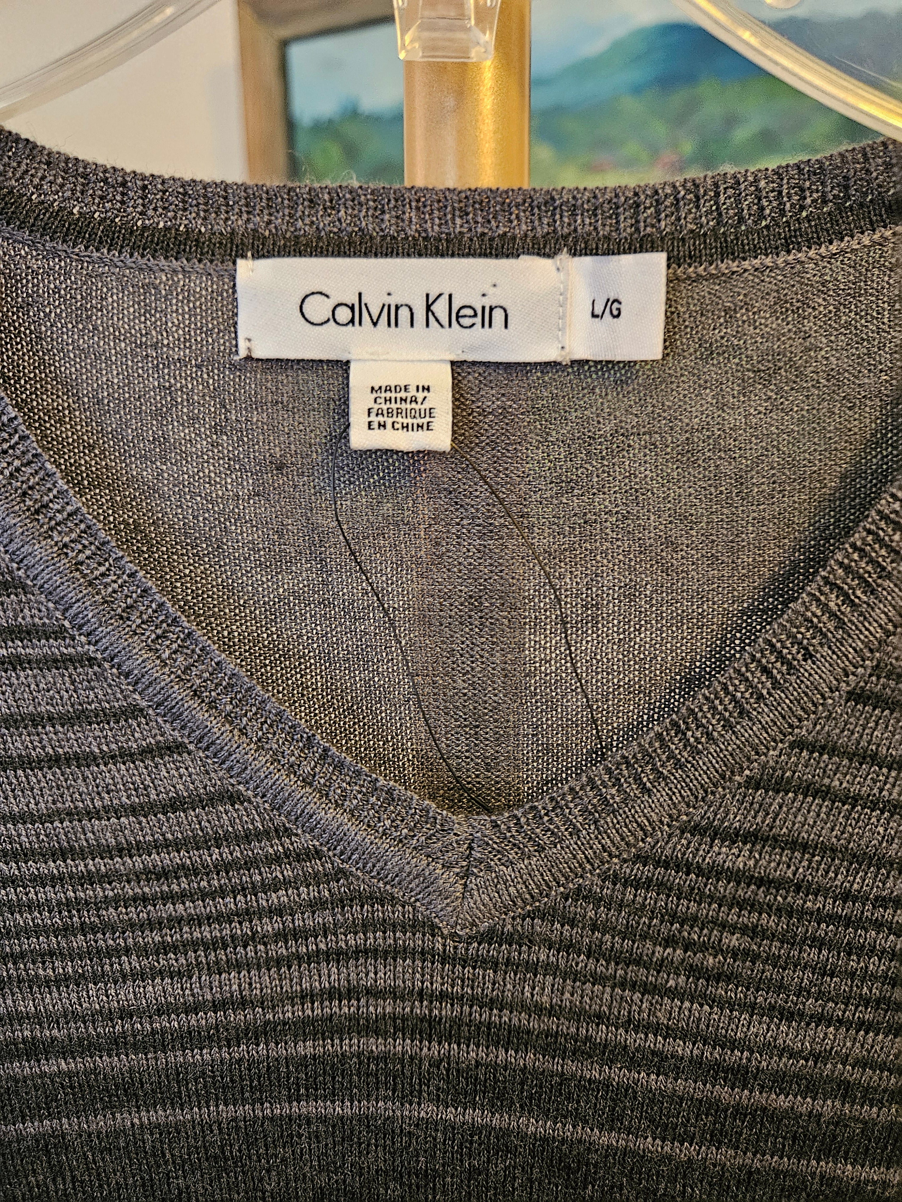 Calvin Klein Charcoal and Black Knit Striped Sweater Sz Lg