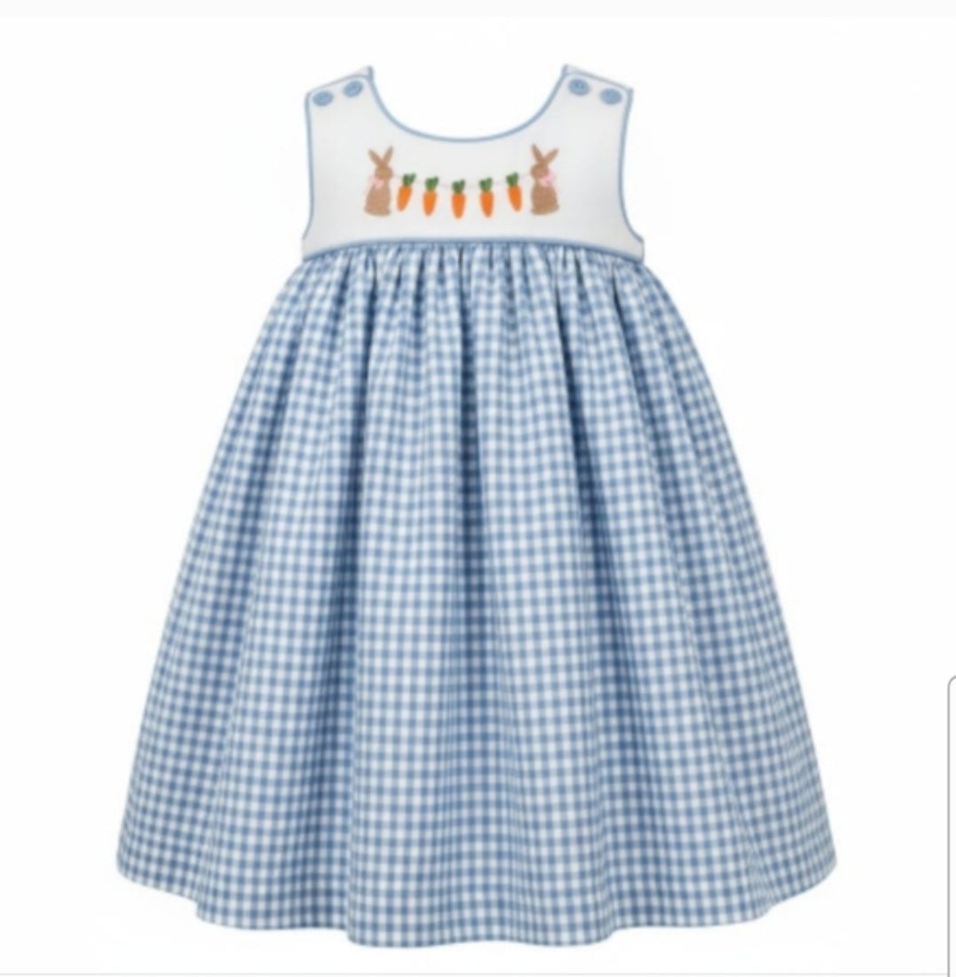 Three Sisters Charming Blue Checkered Kids Dress with Bunny Design Sz 9M