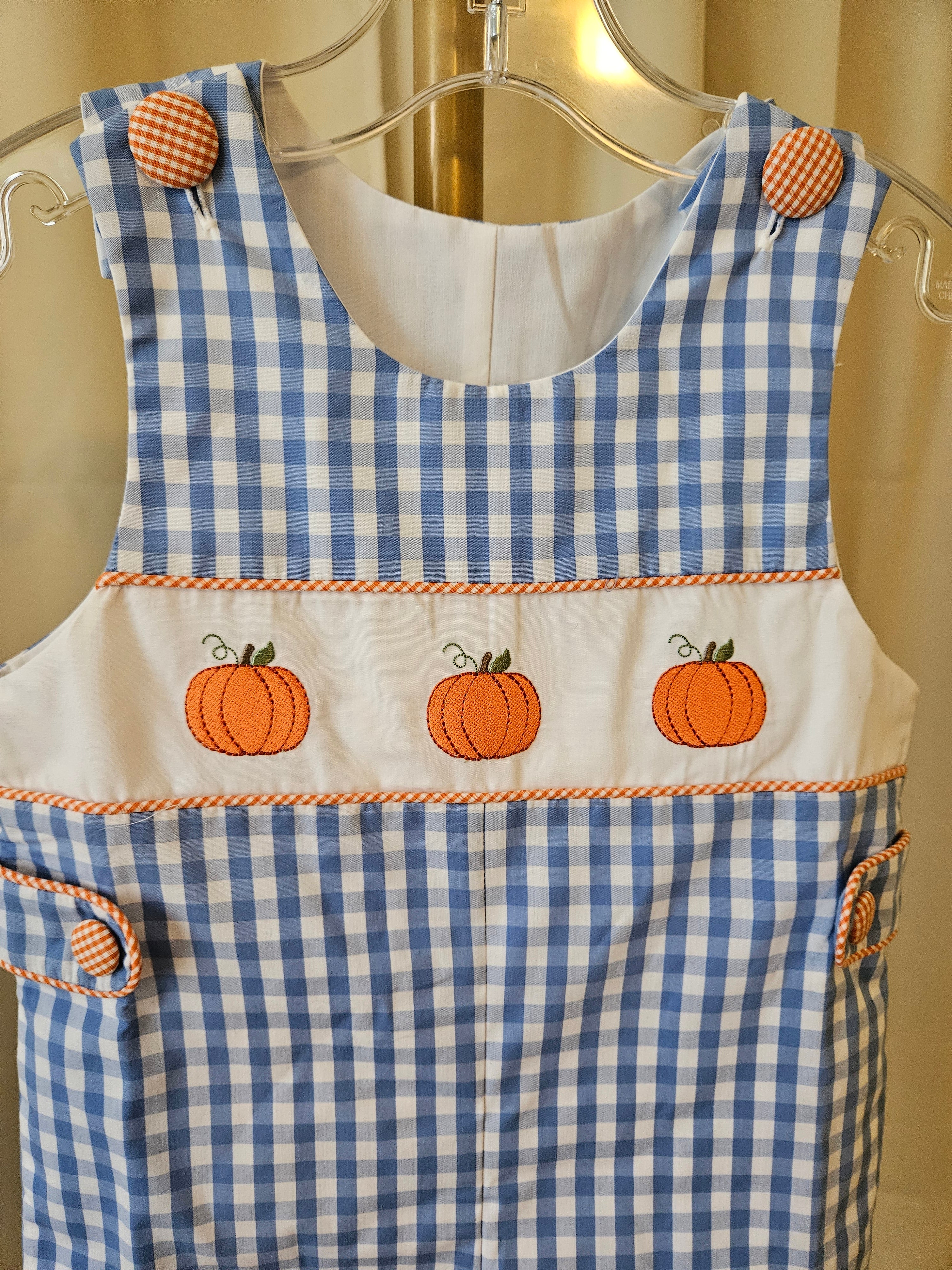 Banana Split Pumpkin Embroidered Blue & White Check Jon Jon NWT Size 18M 🎃